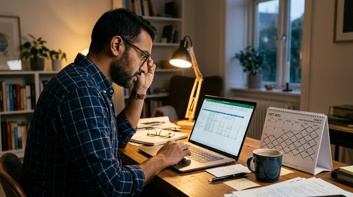Consultant planning a two-week contract job search at a home desk with laptop and calendar