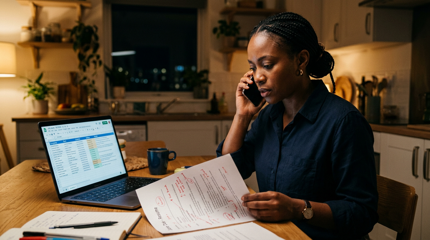Consultant at a kitchen table at night taking a vendor phone screen call with resume notes
