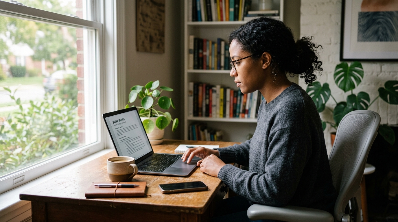 Consultant reviewing resume on laptop during a Sunday morning audit routine