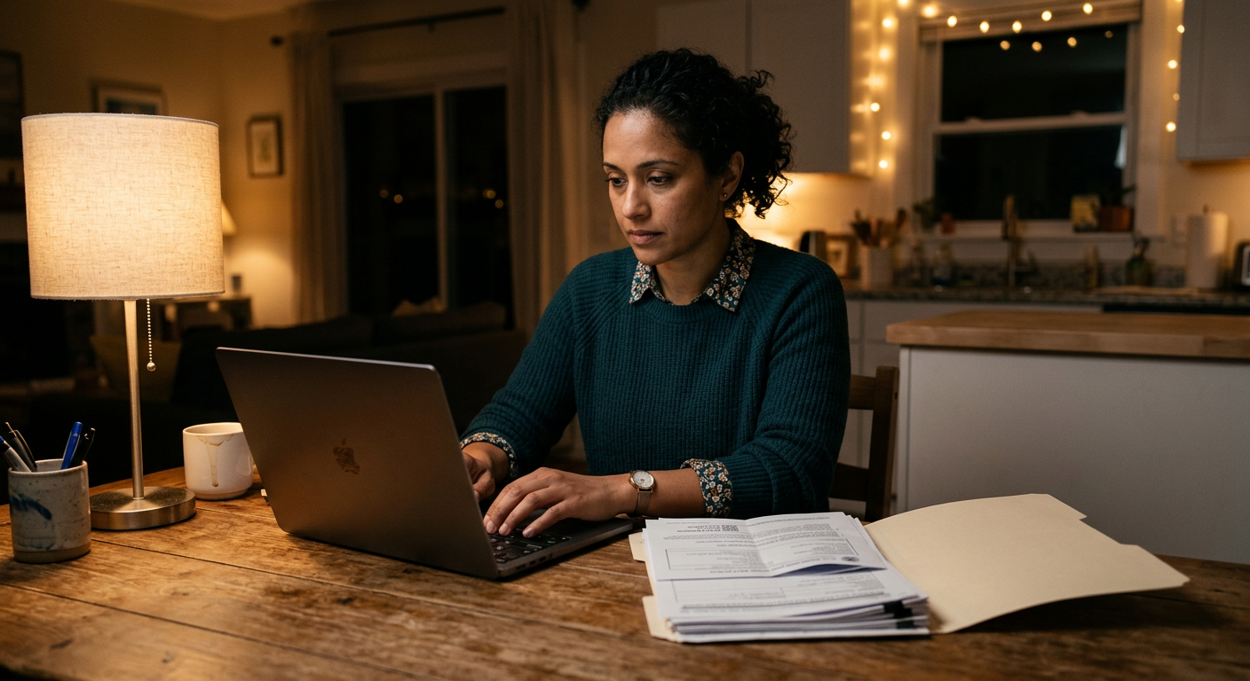Consultant reviewing H-1B extension paperwork at a home desk at night