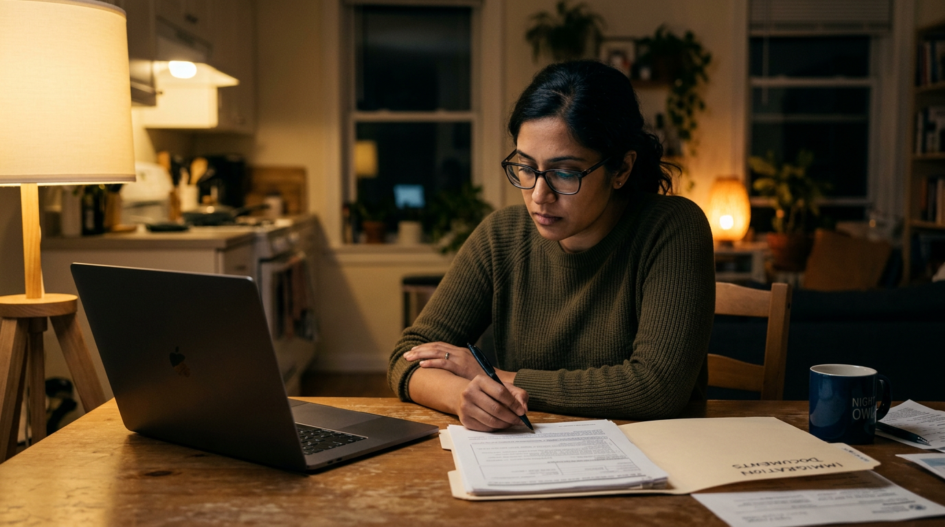 Consultant reviewing H-1B extension paperwork at a kitchen table at night
