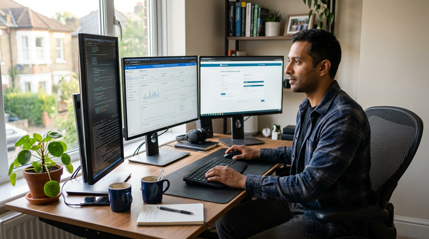 Engineer reviewing cloud certification and job posting data at a multi-monitor desk setup