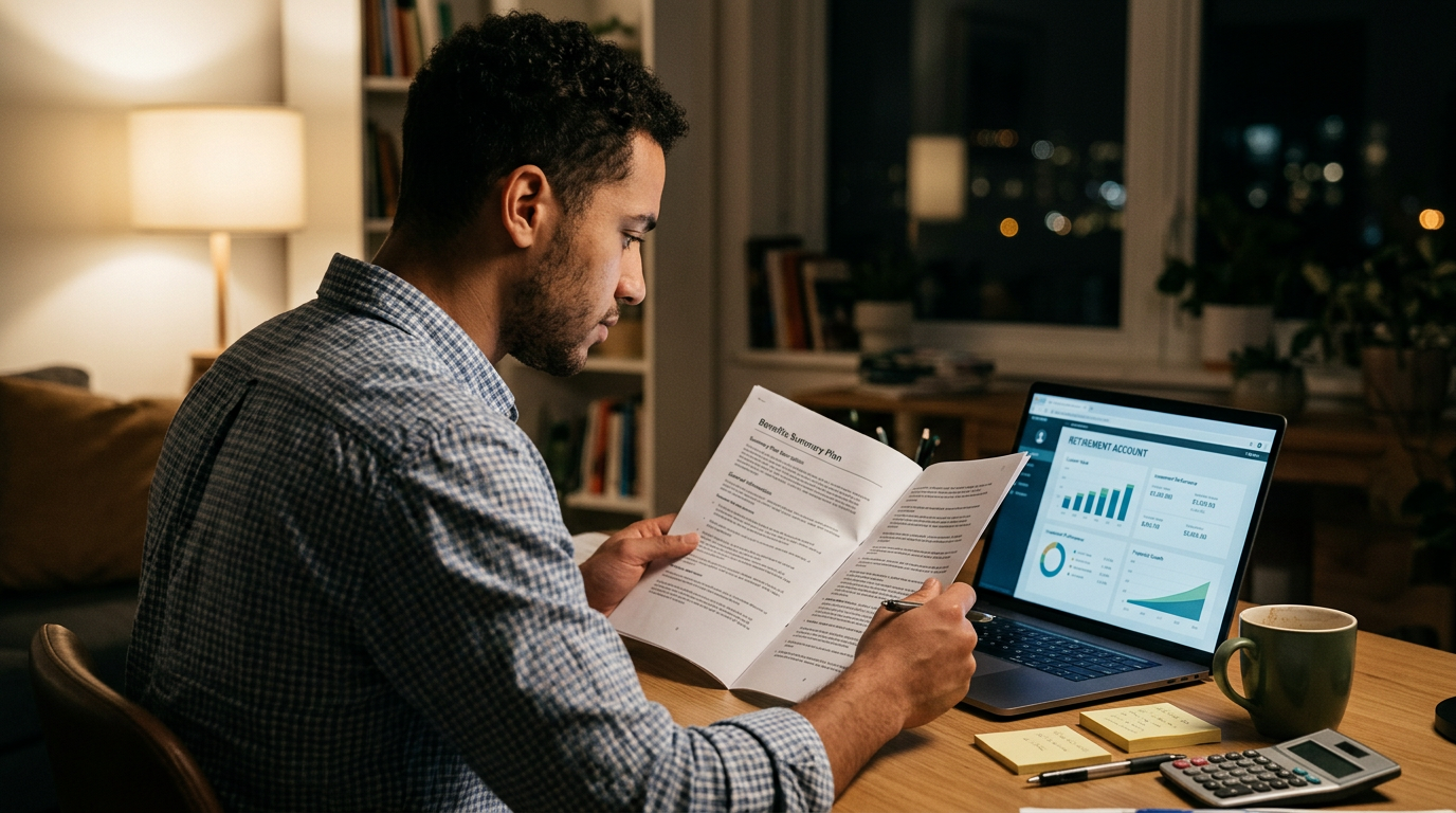Contractor reviewing a 401k summary plan document at a home desk at night
