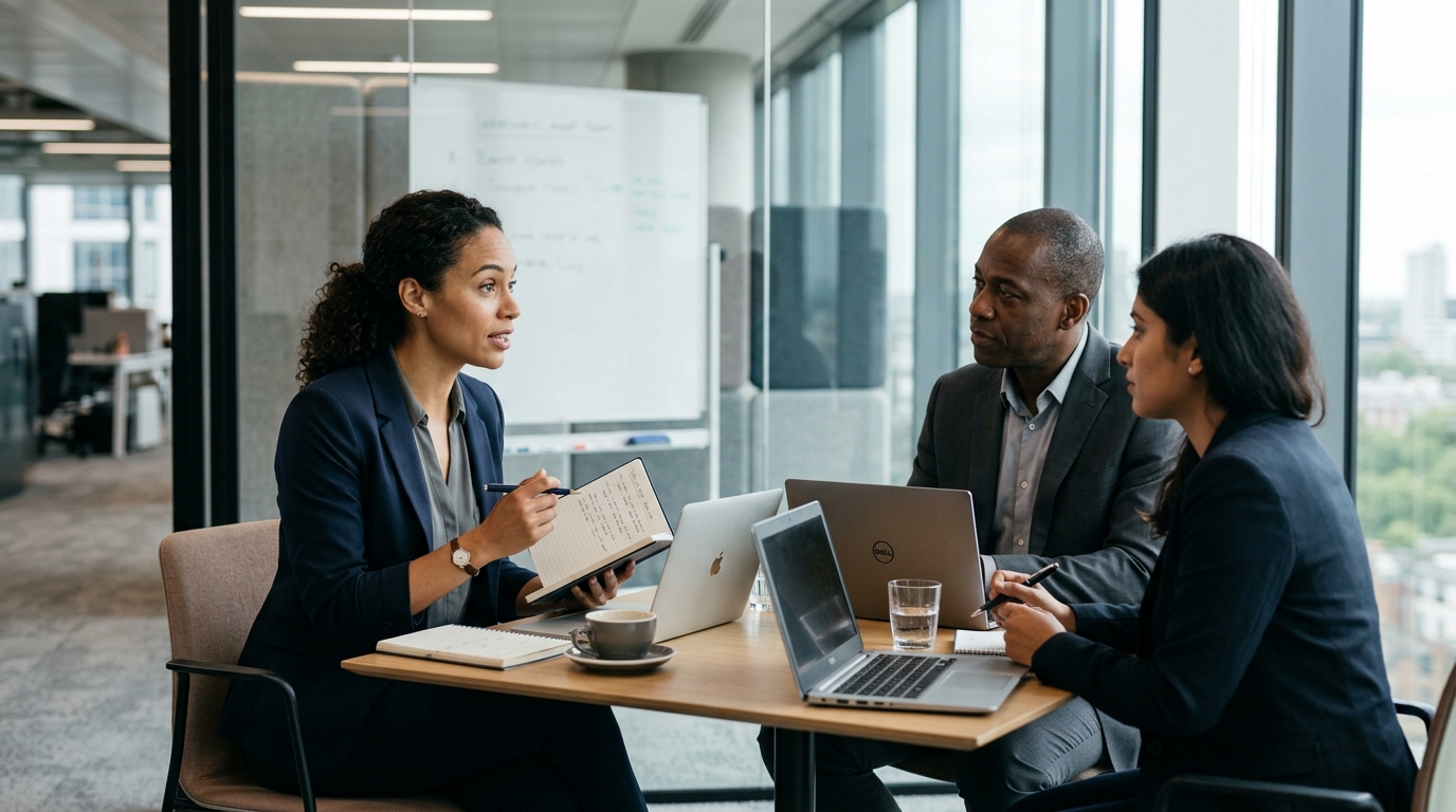 Consultant asking pointed interview questions across a table from two hiring managers