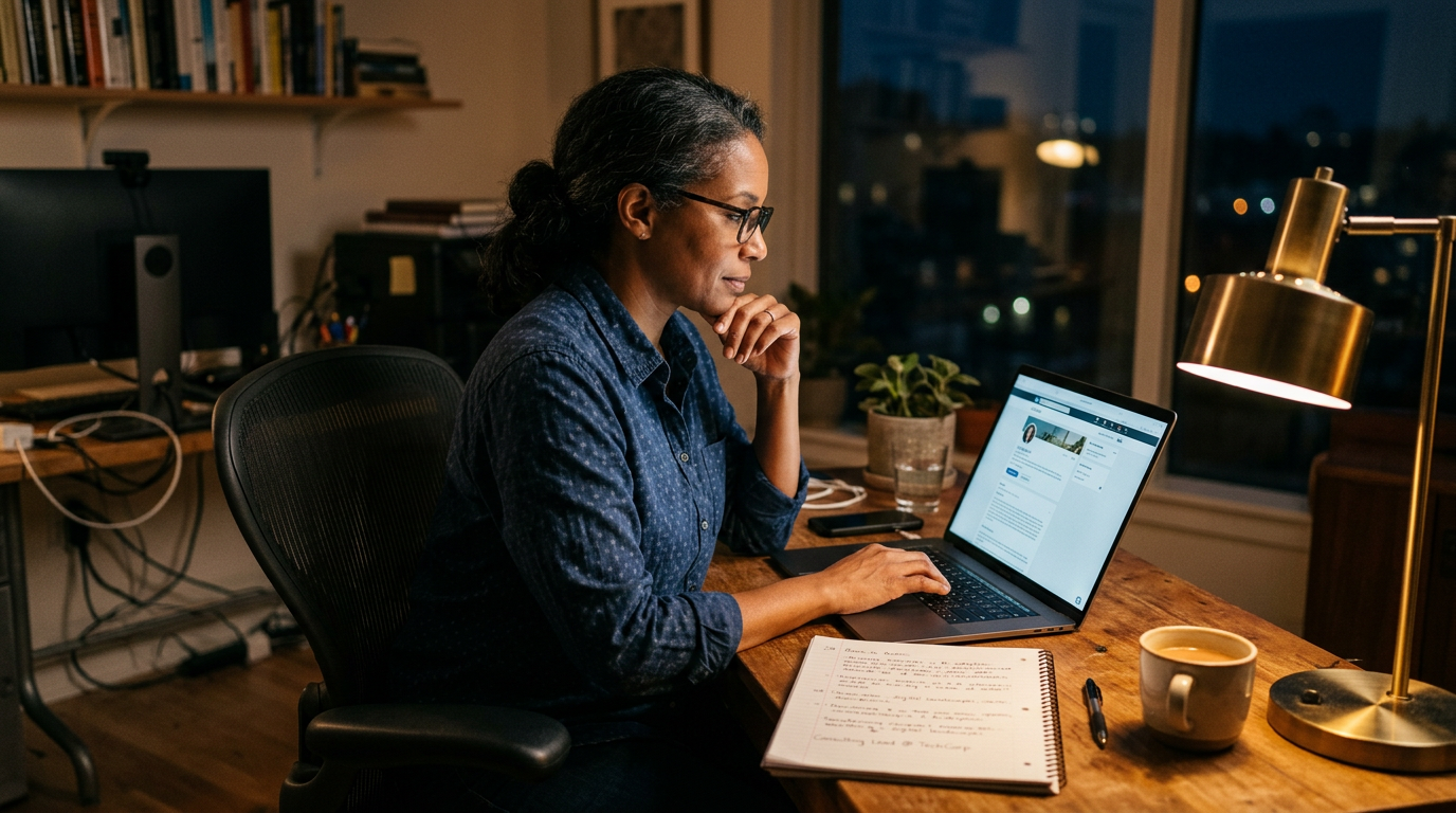 Senior consultant editing their LinkedIn about section at a desk late at night