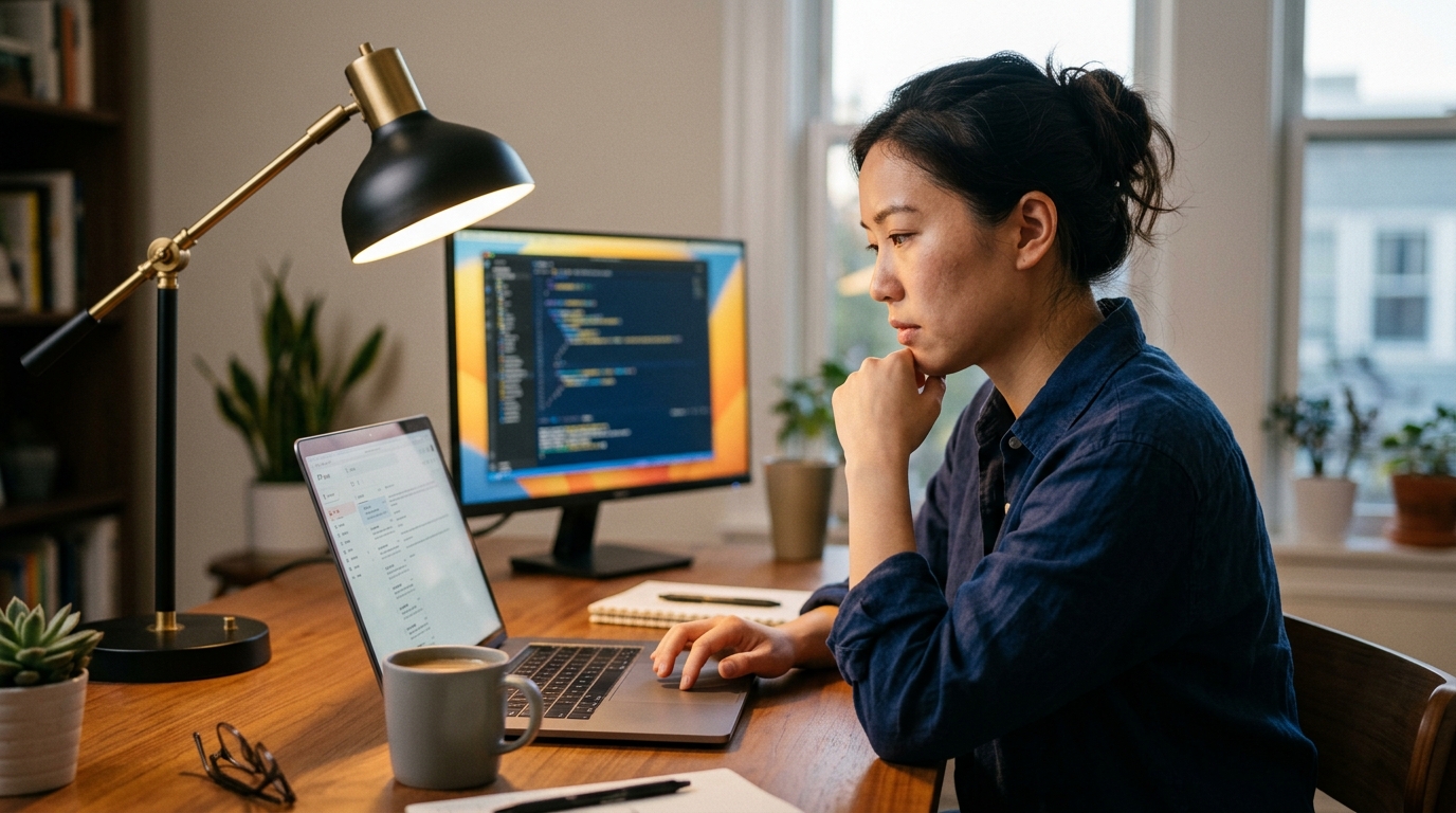 Consultant reviewing recruiter emails on a laptop at a home office desk in the evening
