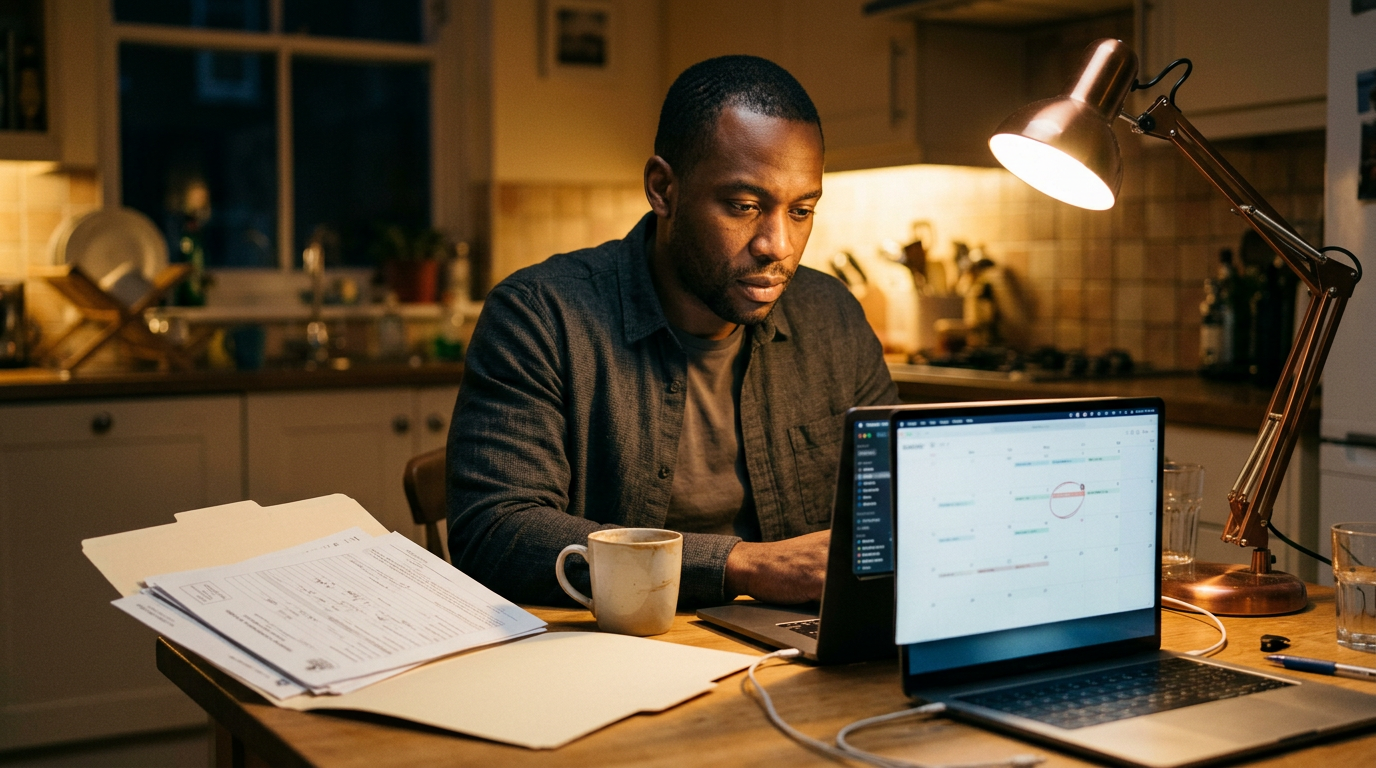 Consultant reviewing immigration paperwork and a calendar at a kitchen table at night