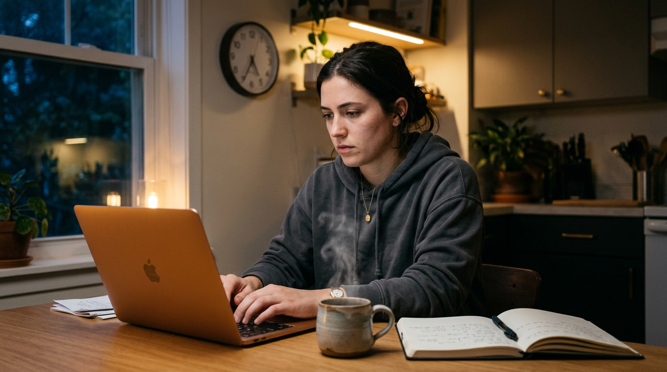 Young IT consultant at a kitchen table joining an early morning remote standup on a laptop