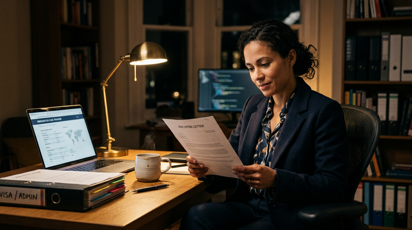 Consultant reviewing a job offer letter and case documents at a home desk at night