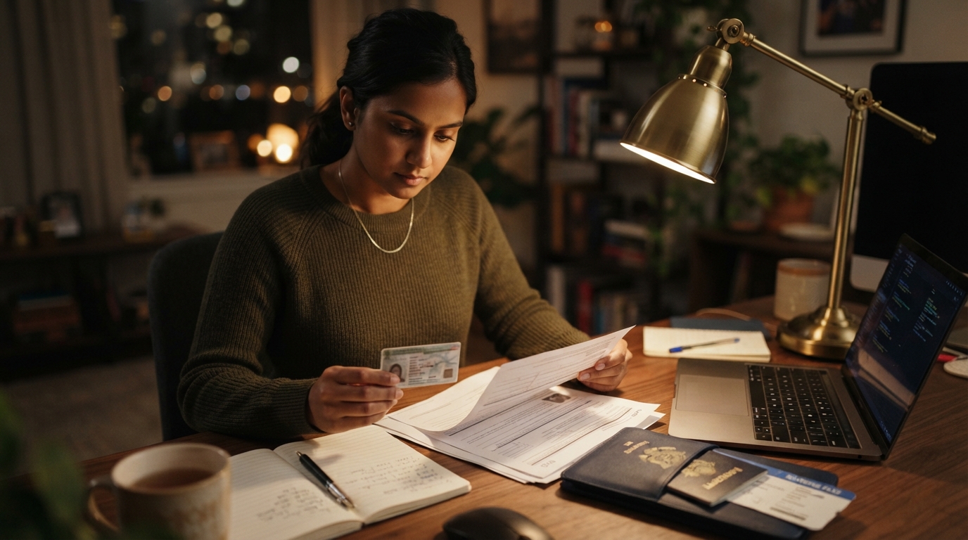 Consultant reviewing an EAD combo card and travel documents at a home desk at night