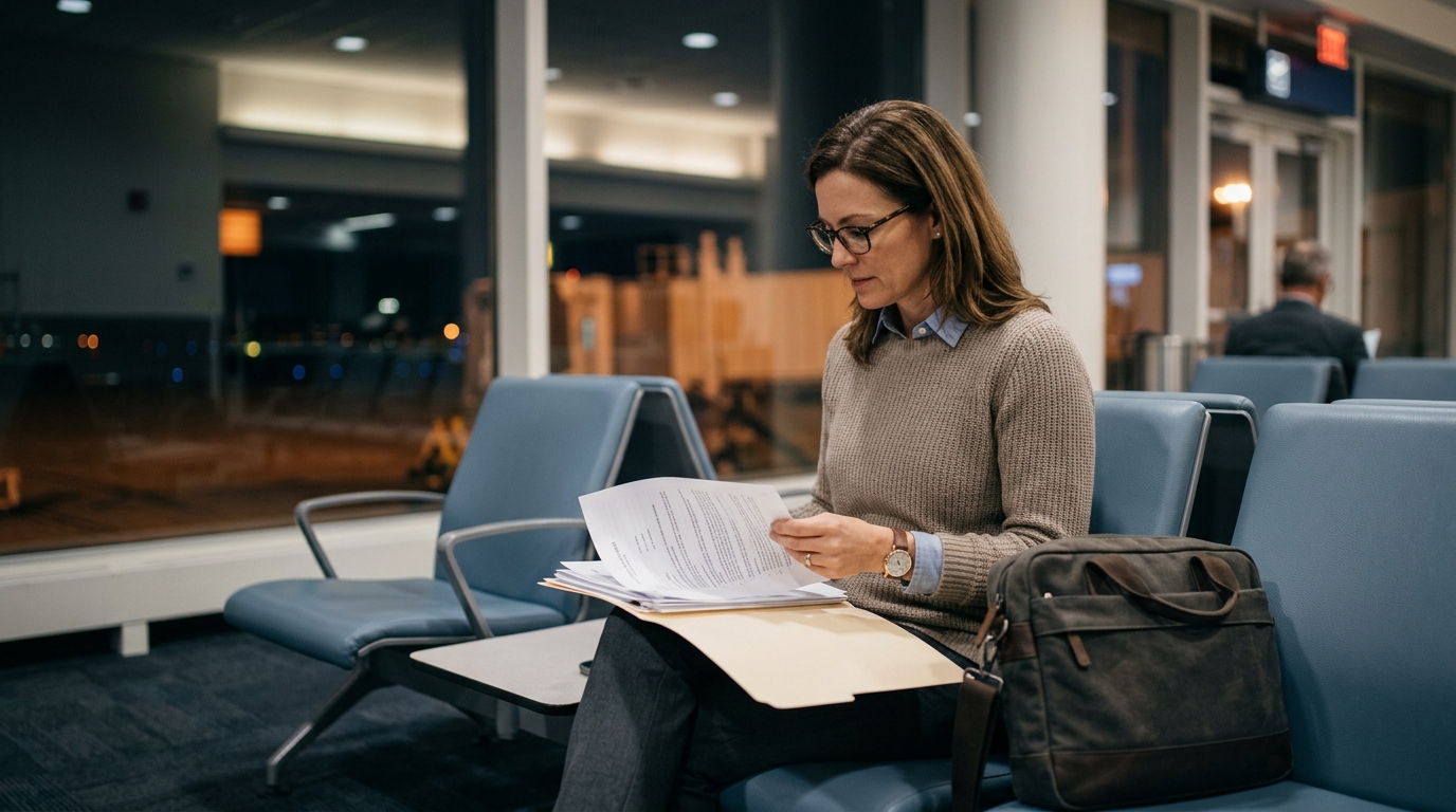 Consultant reviewing travel documents at an airport gate before re-entering the US on advance parole