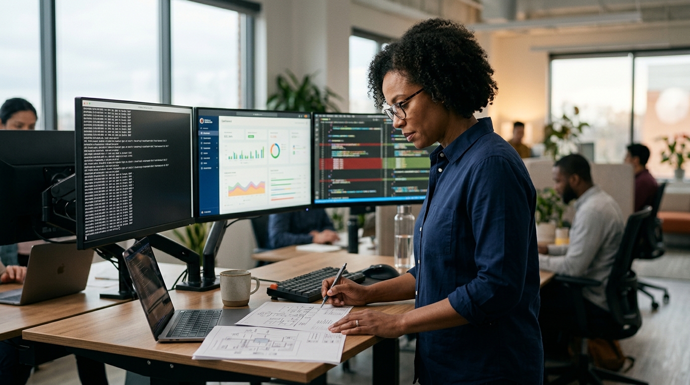 Consultant at a multi-monitor desk reviewing agent task logs and architecture diagrams