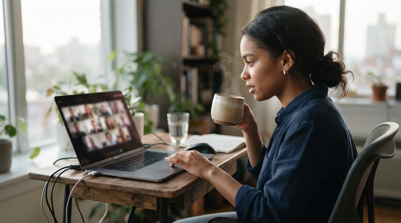 New IT consultant on an early morning video call at a laptop with coffee