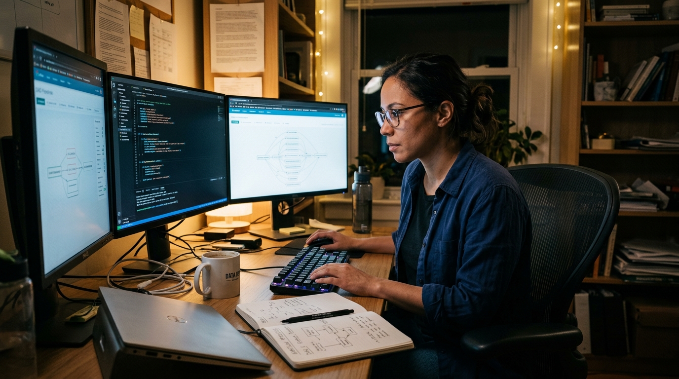 Data engineer at a multi-monitor desk at night comparing orchestration tool workflows on screen