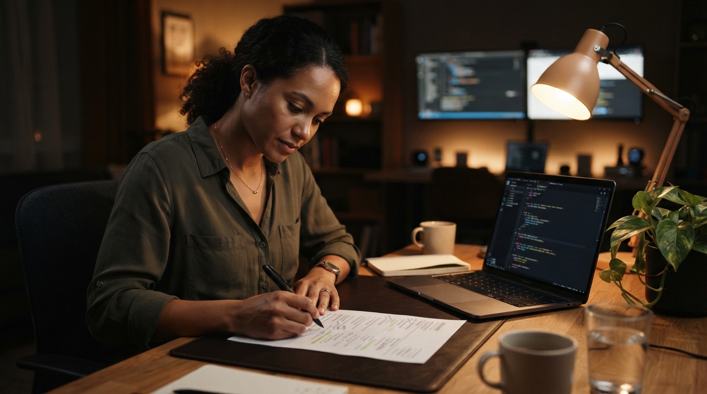 Consultant reviewing a printed resume at a desk with a laptop open to a plain-text document