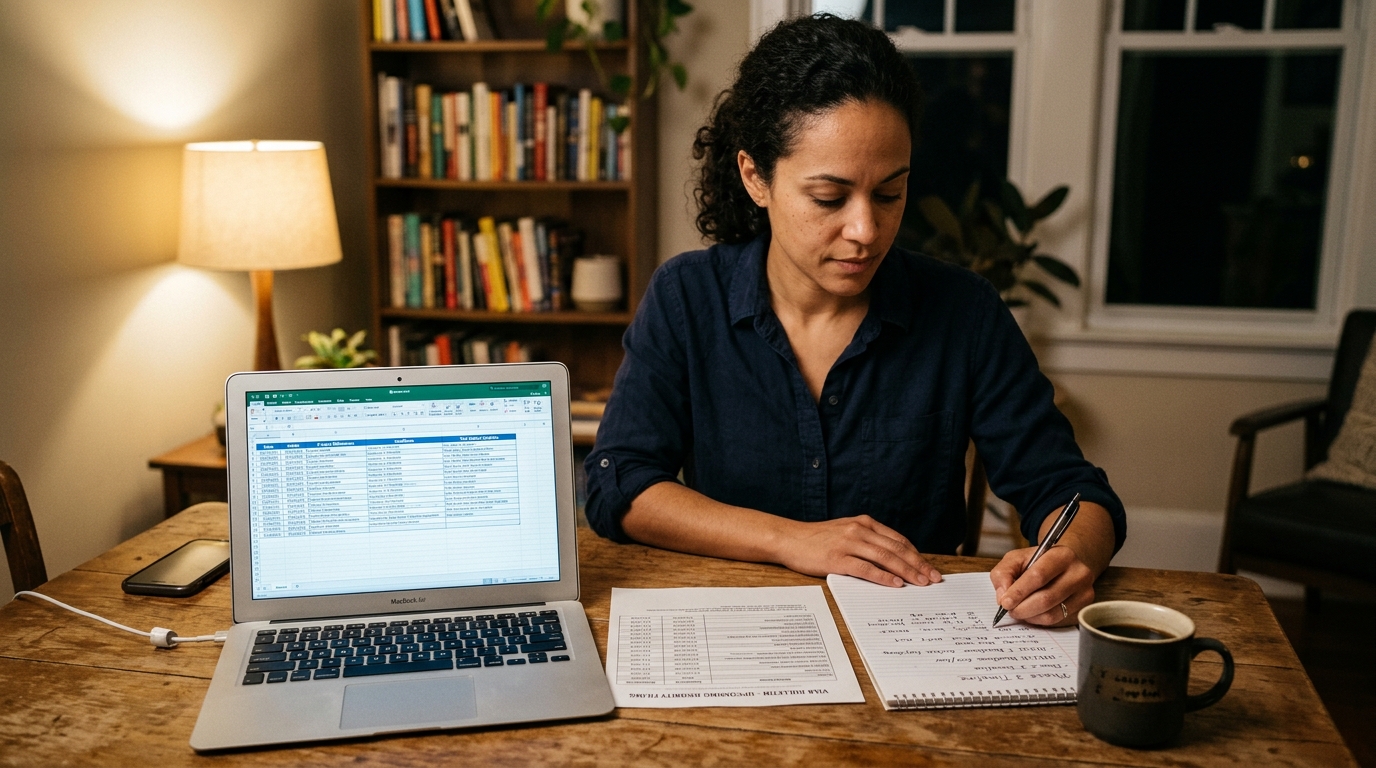 Consultant reviewing visa bulletin documents and a laptop at a kitchen table at night