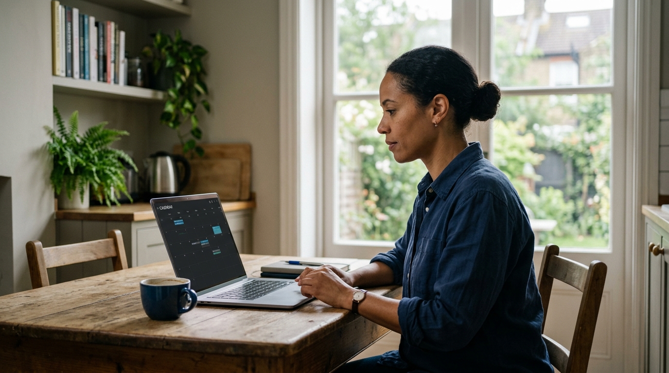 Consultant reviewing an empty August calendar and laptop at a kitchen table