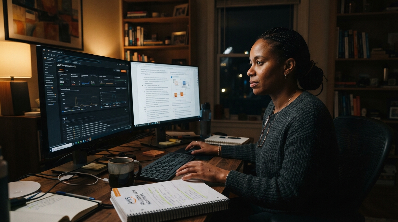 Consultant studying AWS certification material at a dual-monitor home office desk at night