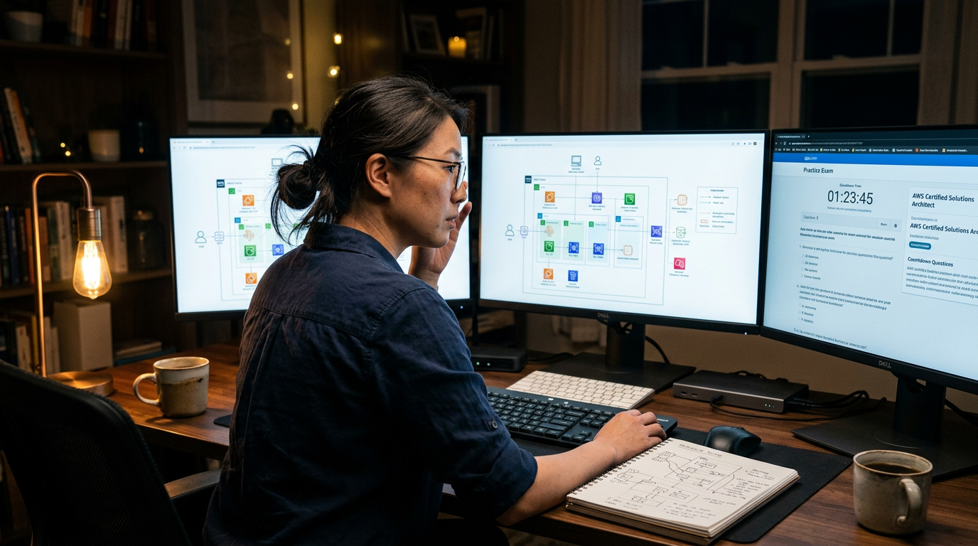 Consultant studying AWS architecture diagrams on multiple monitors late at night