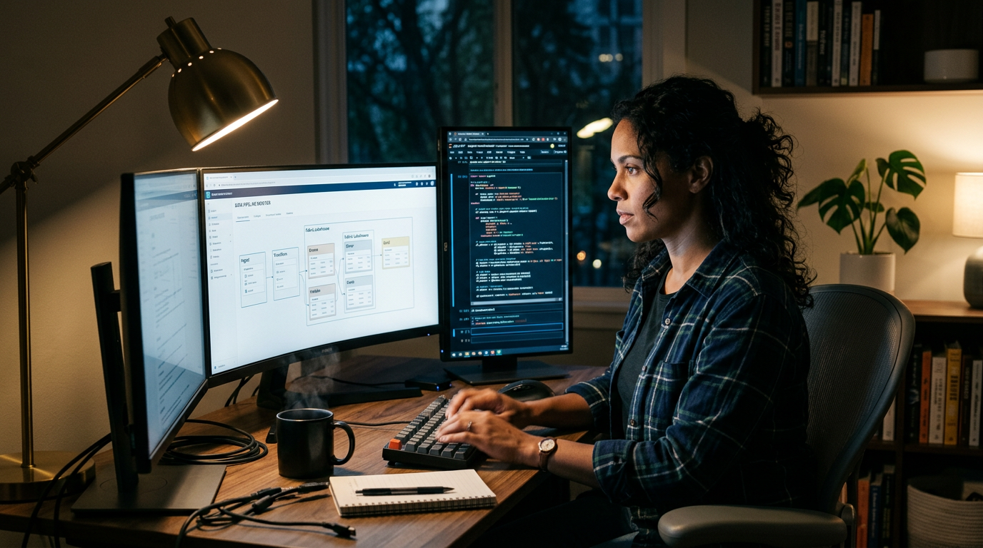 Data engineer reviewing a Microsoft Fabric pipeline on a multi-monitor desk at night