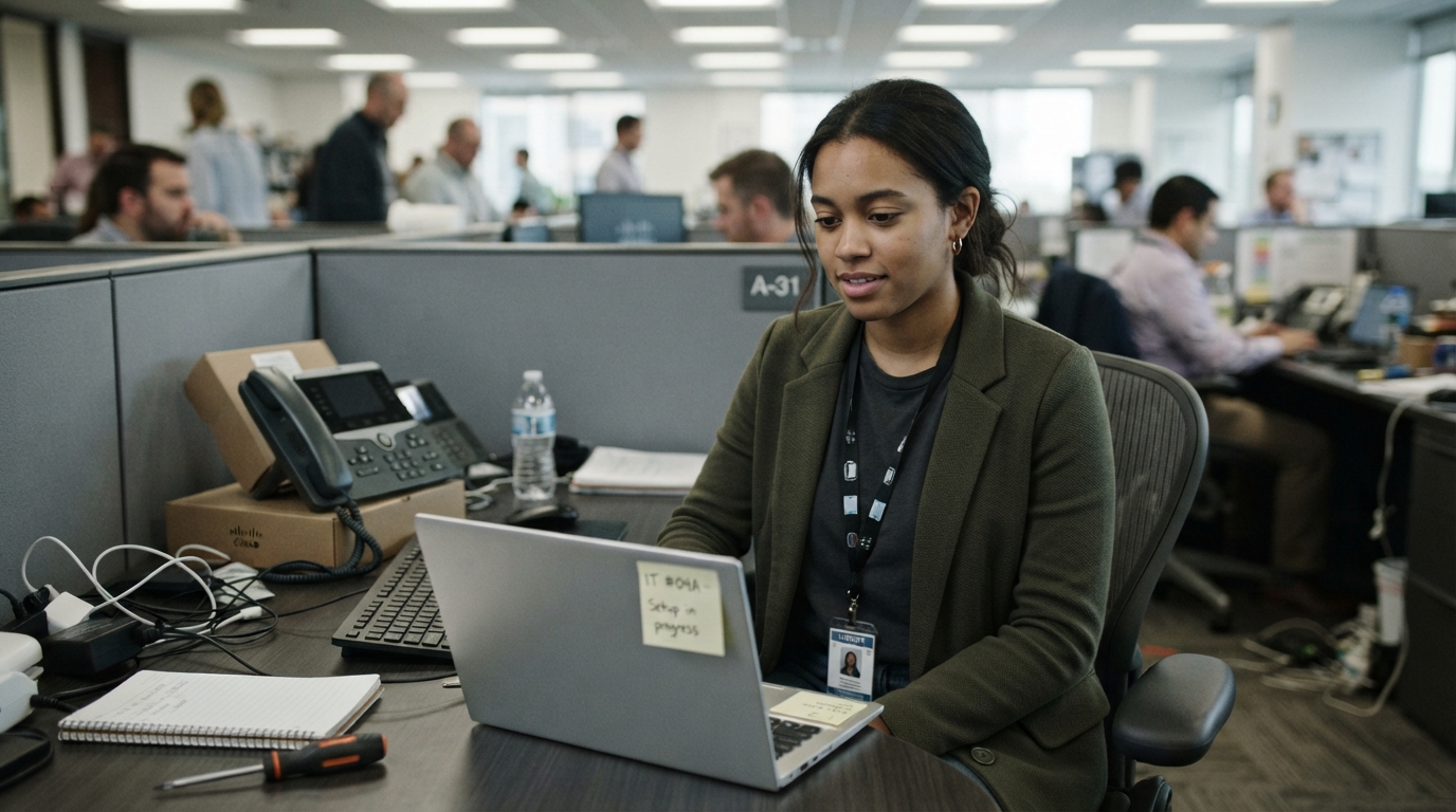 New IT contractor at an unfamiliar desk on their first day, badge on, laptop still setting up
