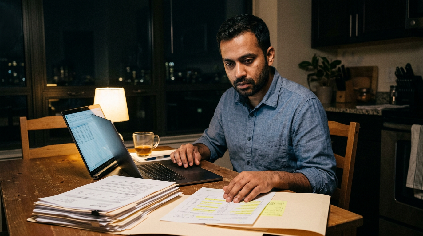 H-1B consultant reviewing pay stubs and emails at a kitchen table at night
