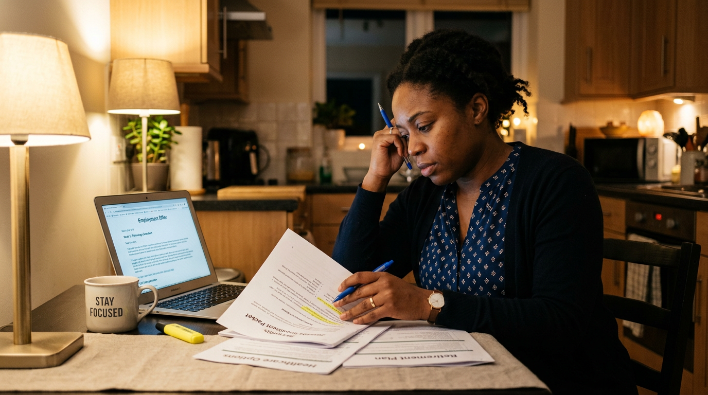 Consultant reviewing a printed W-2 benefits packet beside a laptop at night