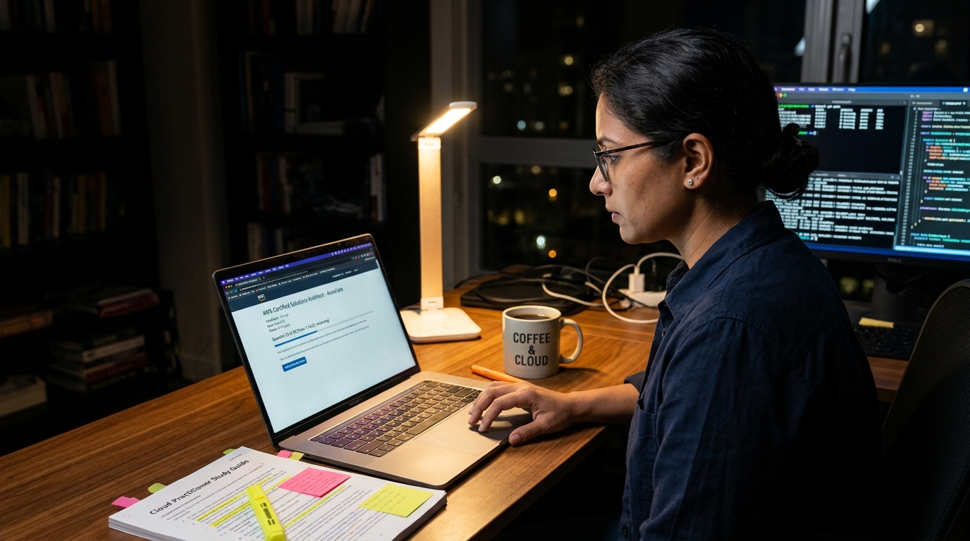 Consultant studying for a technical certification exam late at night at a home desk