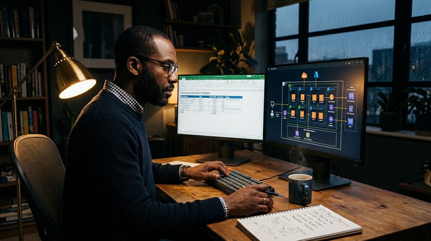 Consultant reviewing cloud architecture diagrams and skill plans at a home desk at night