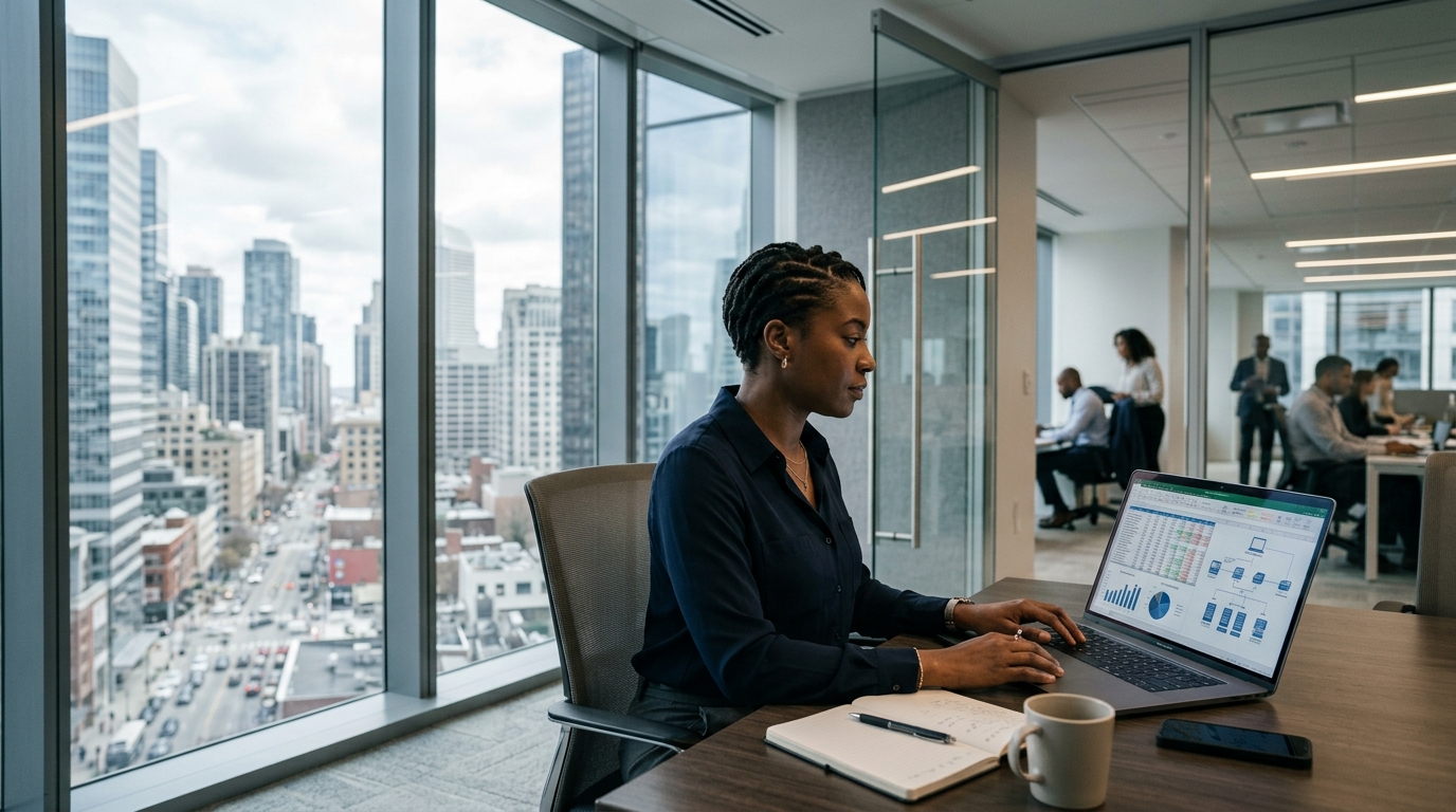 Consultant reviewing financial services IT project data in a bank office setting