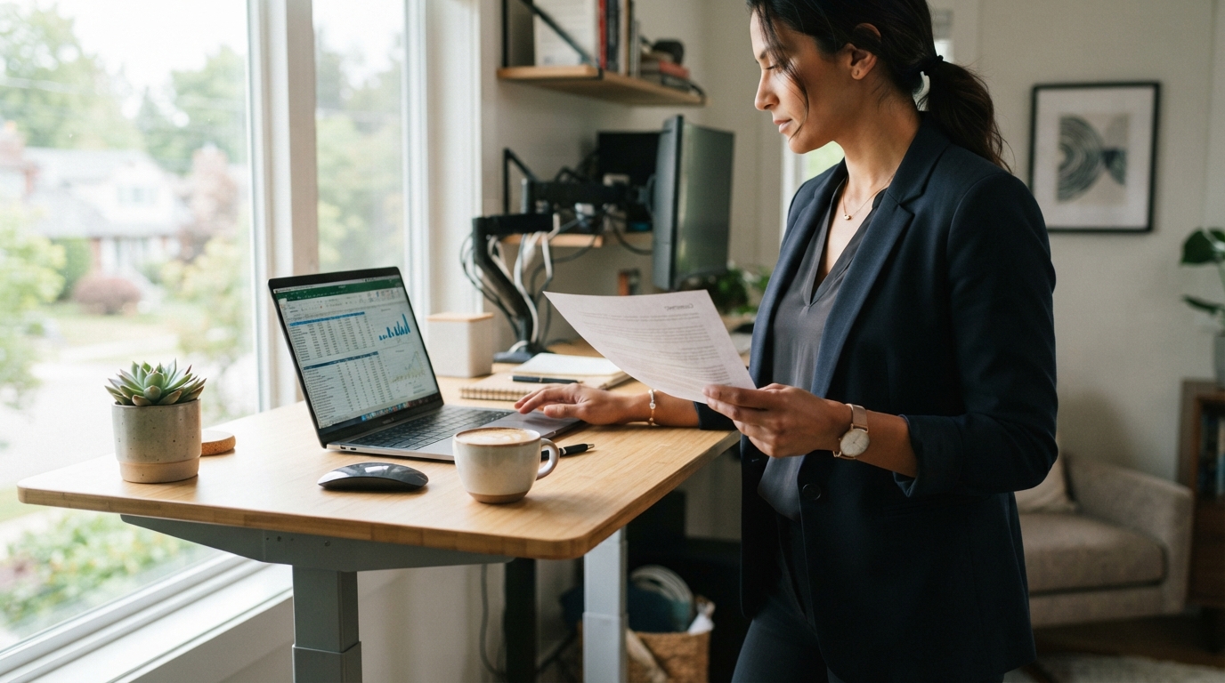 Consultant at a standing desk reviewing a contract and rate data on a laptop