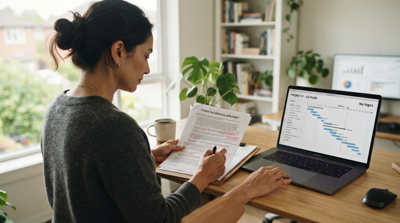 Consultant at a standing desk reviewing a contract document next to a laptop