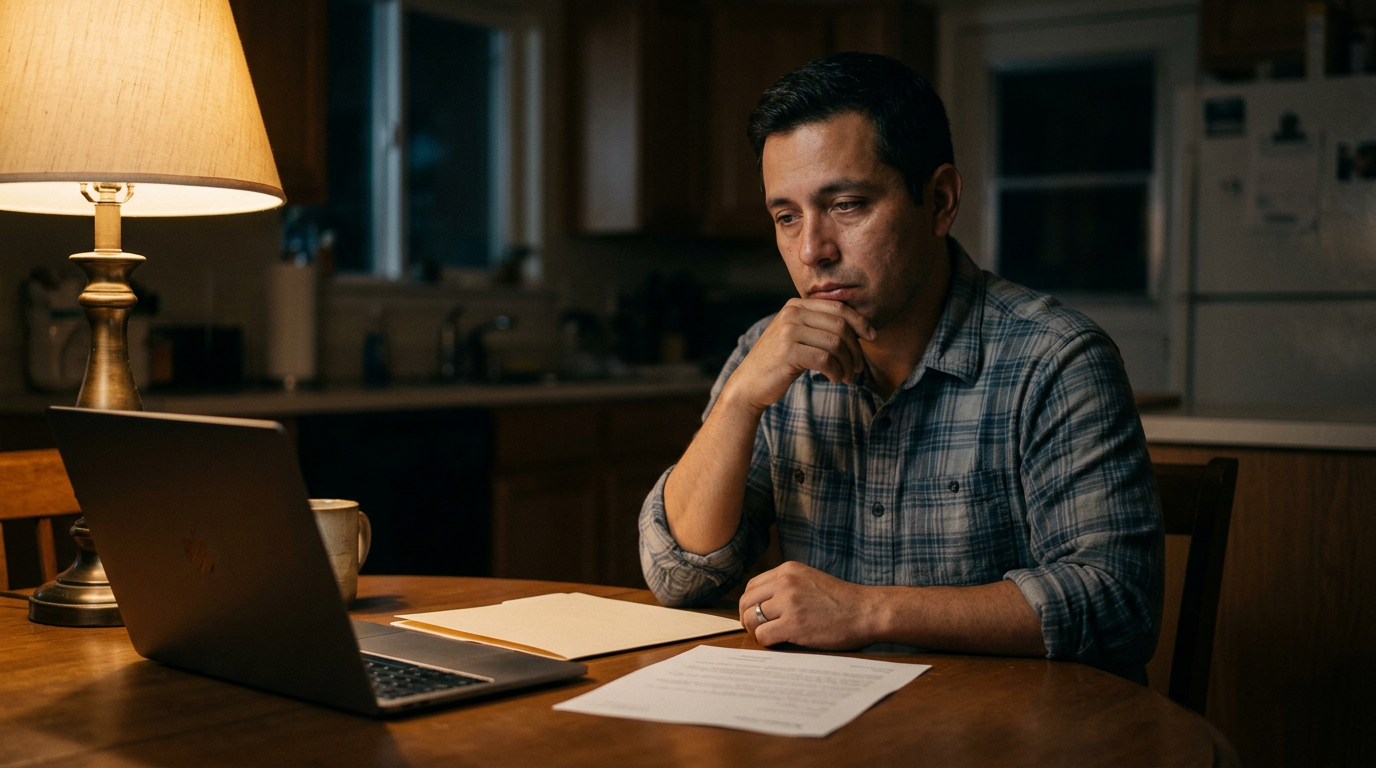 Consultant reviewing termination and immigration paperwork at a kitchen table at night