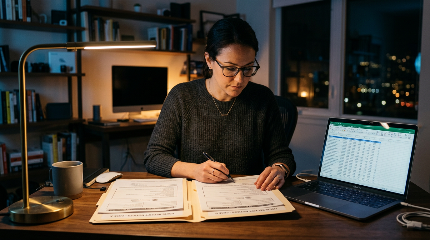 Consultant at a desk at night comparing two sets of USCIS receipt notices for pending H-1B filings