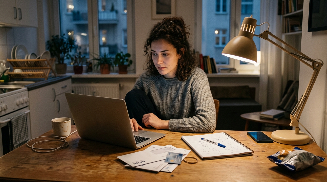 H-1B professional reviewing credit-building documents and a secured card at a kitchen table
