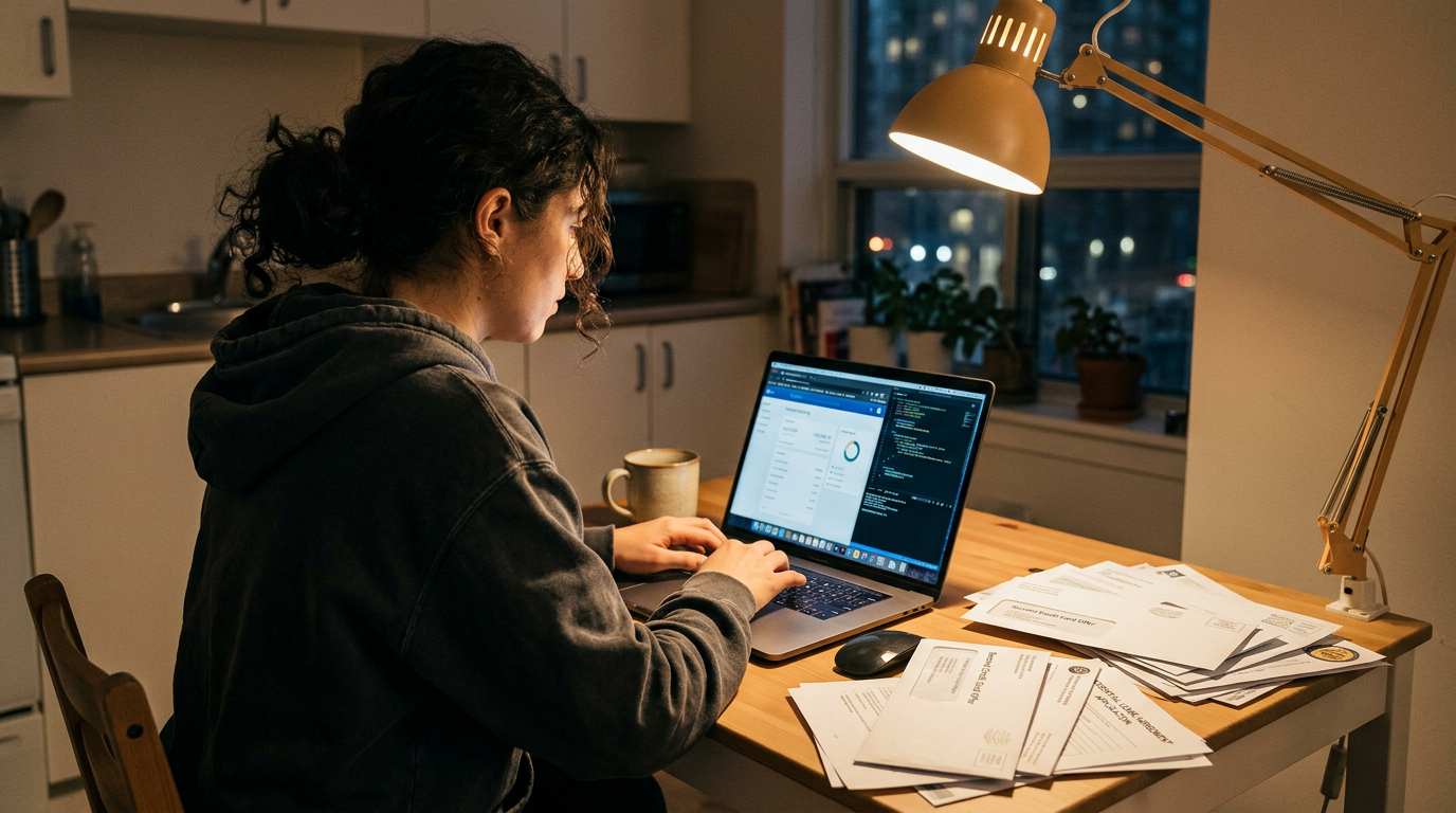 Consultant reviewing credit card and lease documents at a kitchen table at night