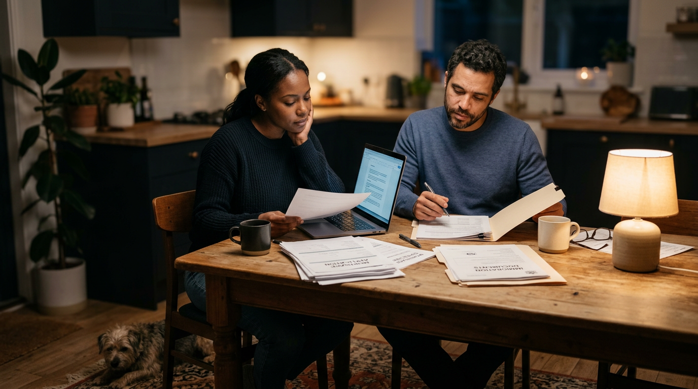 Couple reviewing mortgage paperwork and documents together at a kitchen table at night