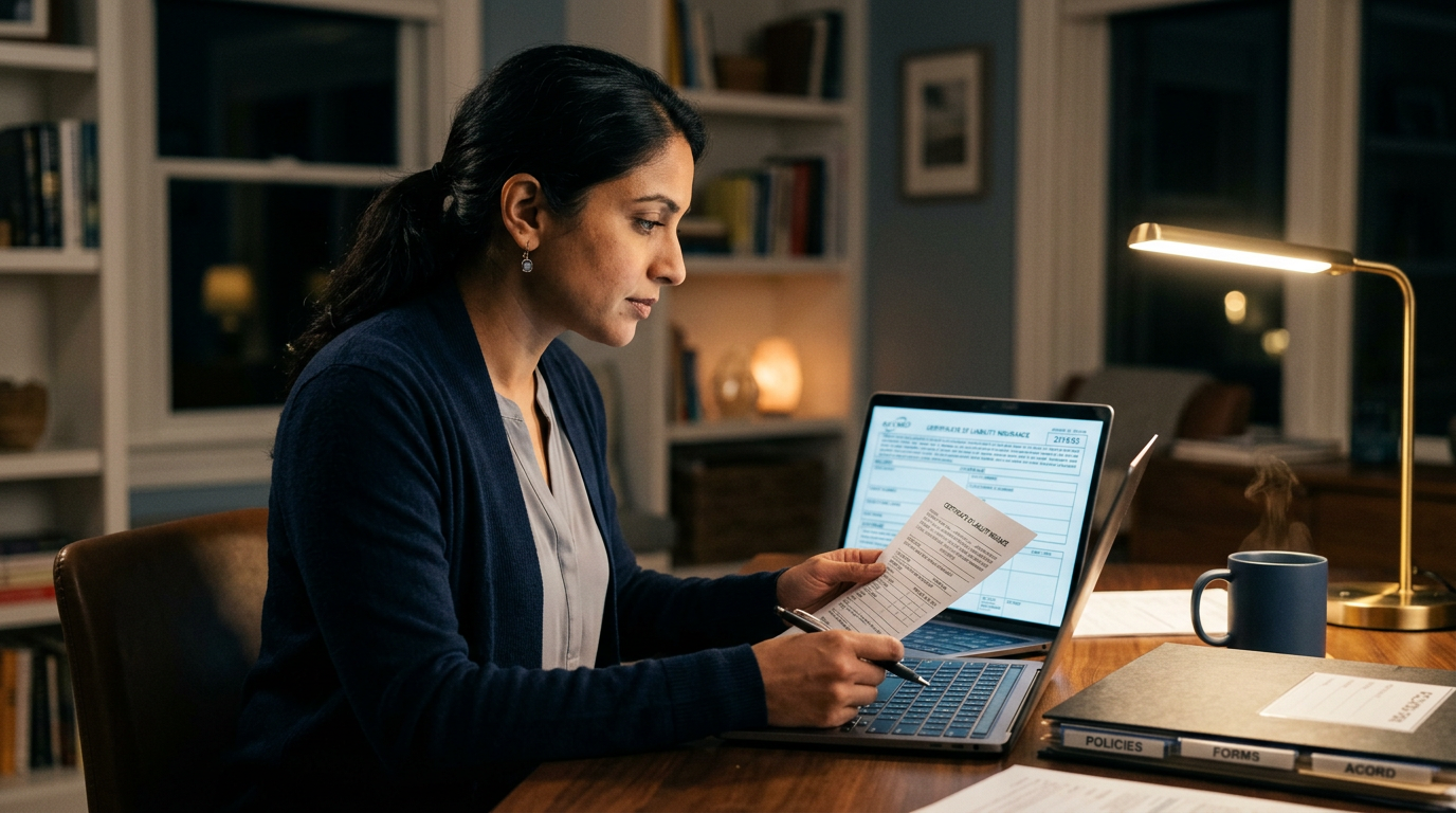 Consultant reviewing a certificate of insurance and laptop at a home office desk at night