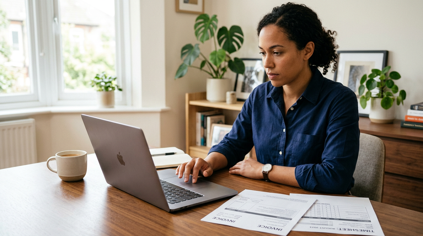 Contract consultant reviewing invoice and timesheet documents at a home office desk