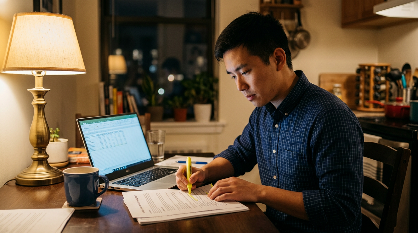 Young IT contractor reviewing a pay contract and spreadsheet at a kitchen table at night