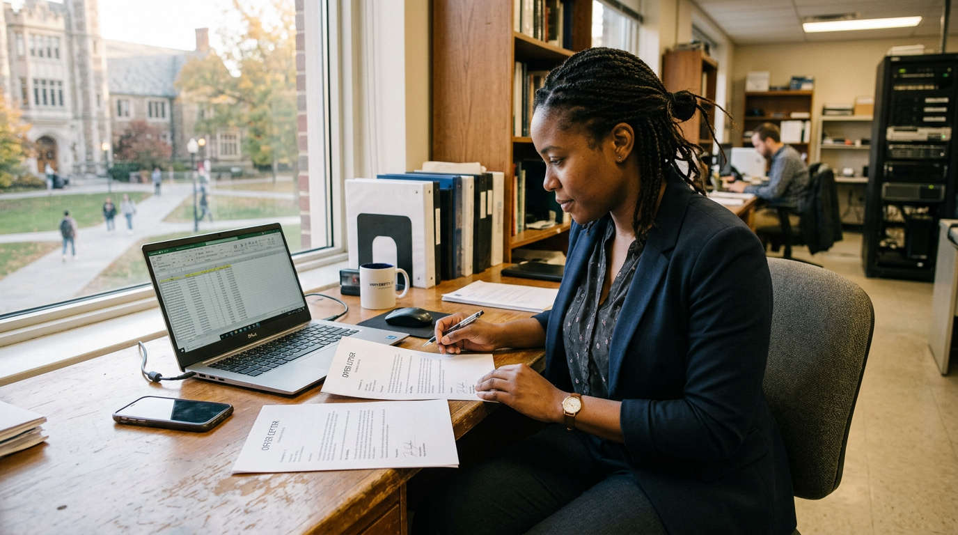 Consultant reviewing two H-1B employer offer letters in a university office setting