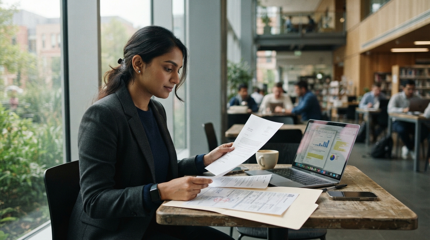 Consultant reviewing an offer letter and immigration documents at a university research facility