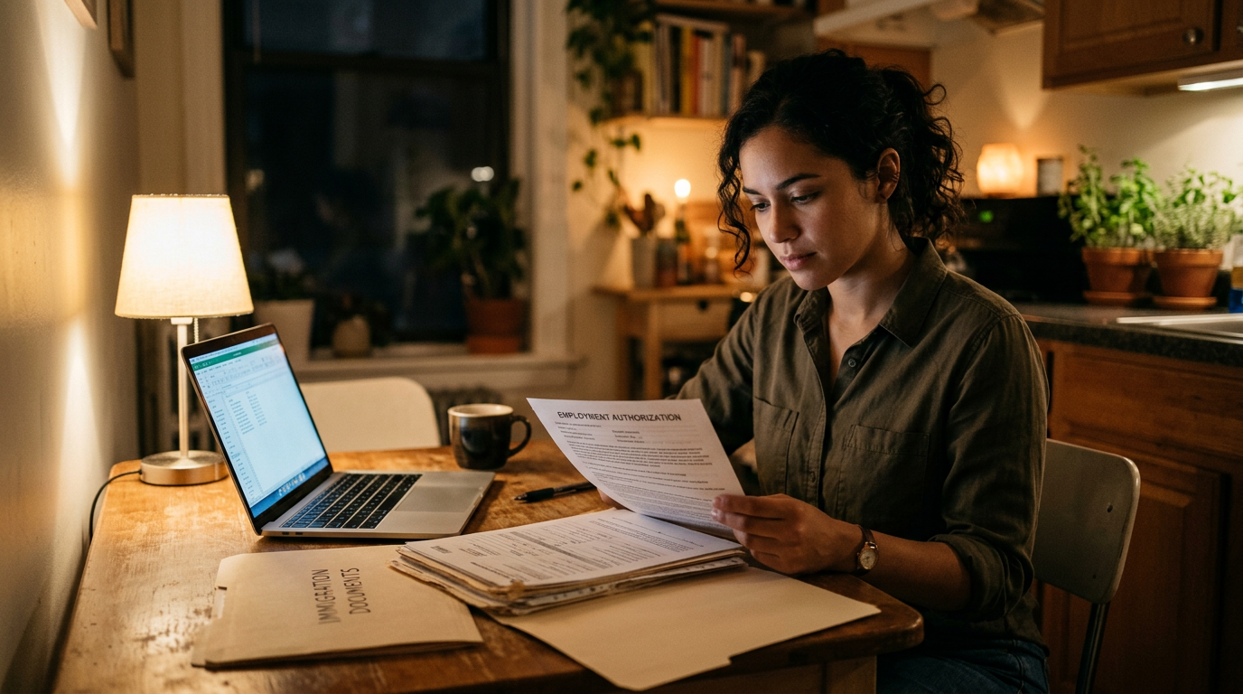 Consultant reviewing work authorization paperwork at a kitchen table at night