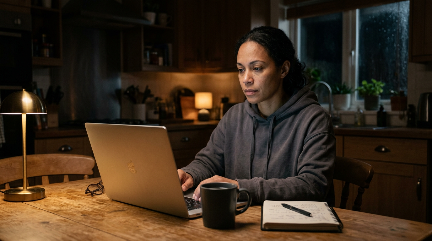 Consultant alone at kitchen table late at night, laptop glow lighting a tired but composed face
