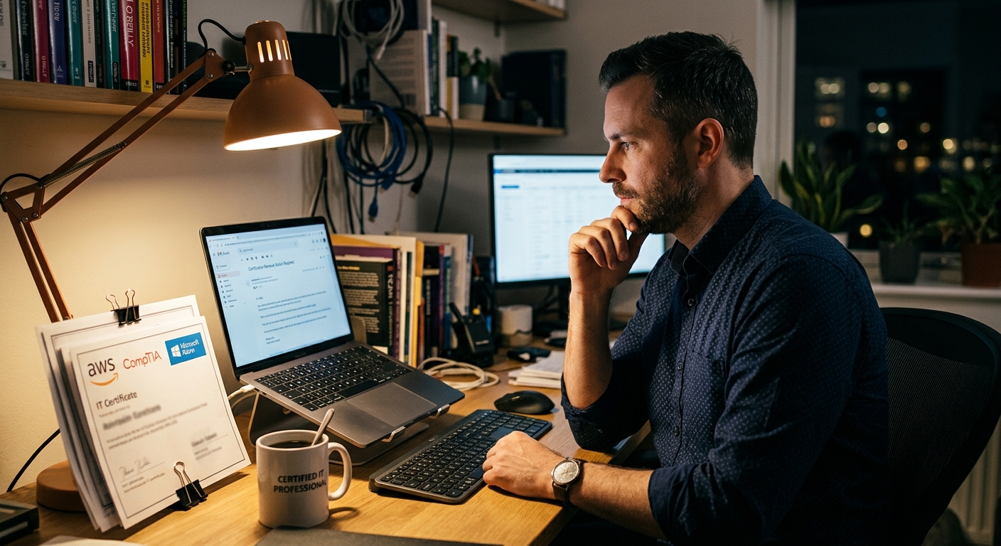 Consultant reviewing a certification renewal notice on a laptop at a home desk at night