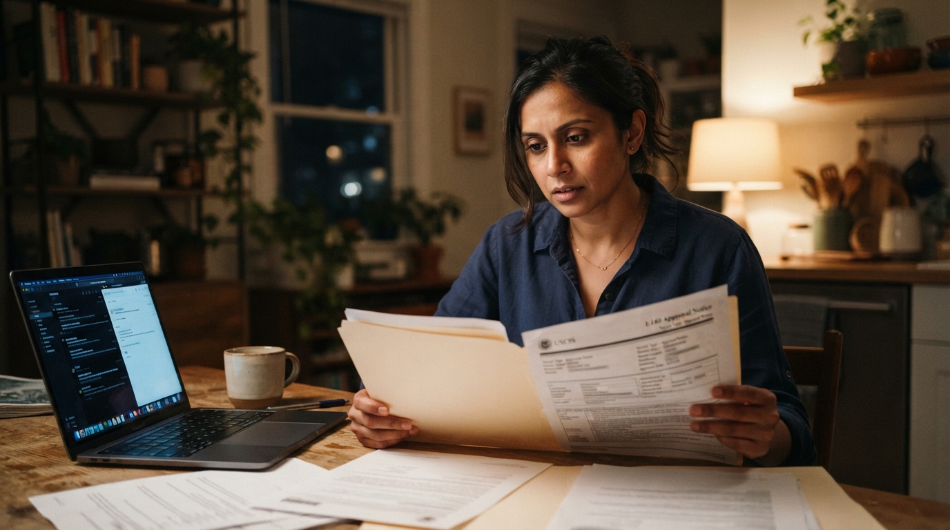 Consultant at a kitchen table at night reviewing PERM and I-140 paperwork before changing jobs
