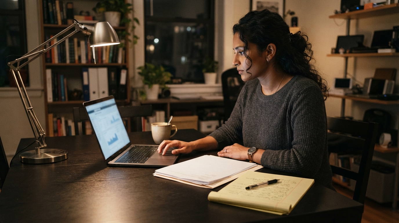 Consultant reviewing immigration paperwork at a kitchen table while considering a job change after I-140 approval