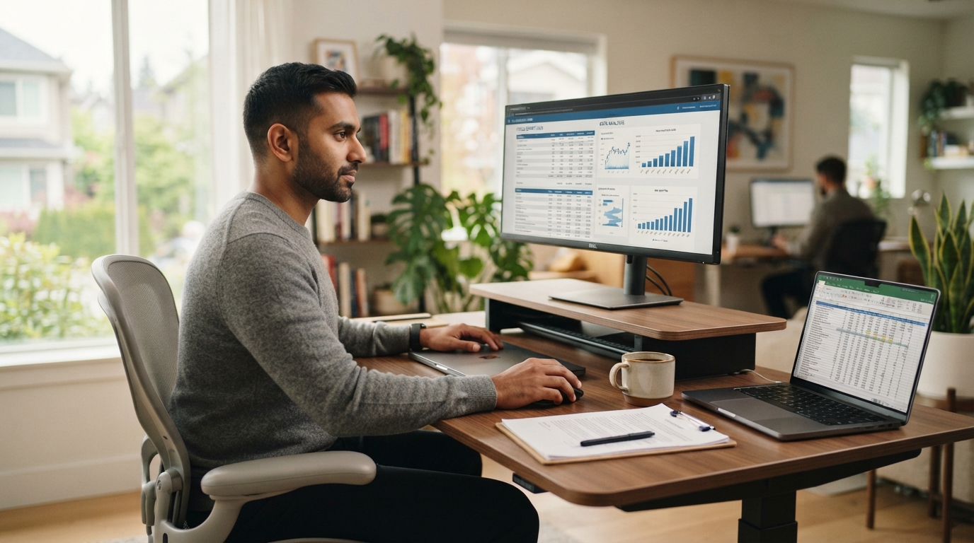 Consultant reviewing LCA wage disclosure data on a monitor next to a printed contract