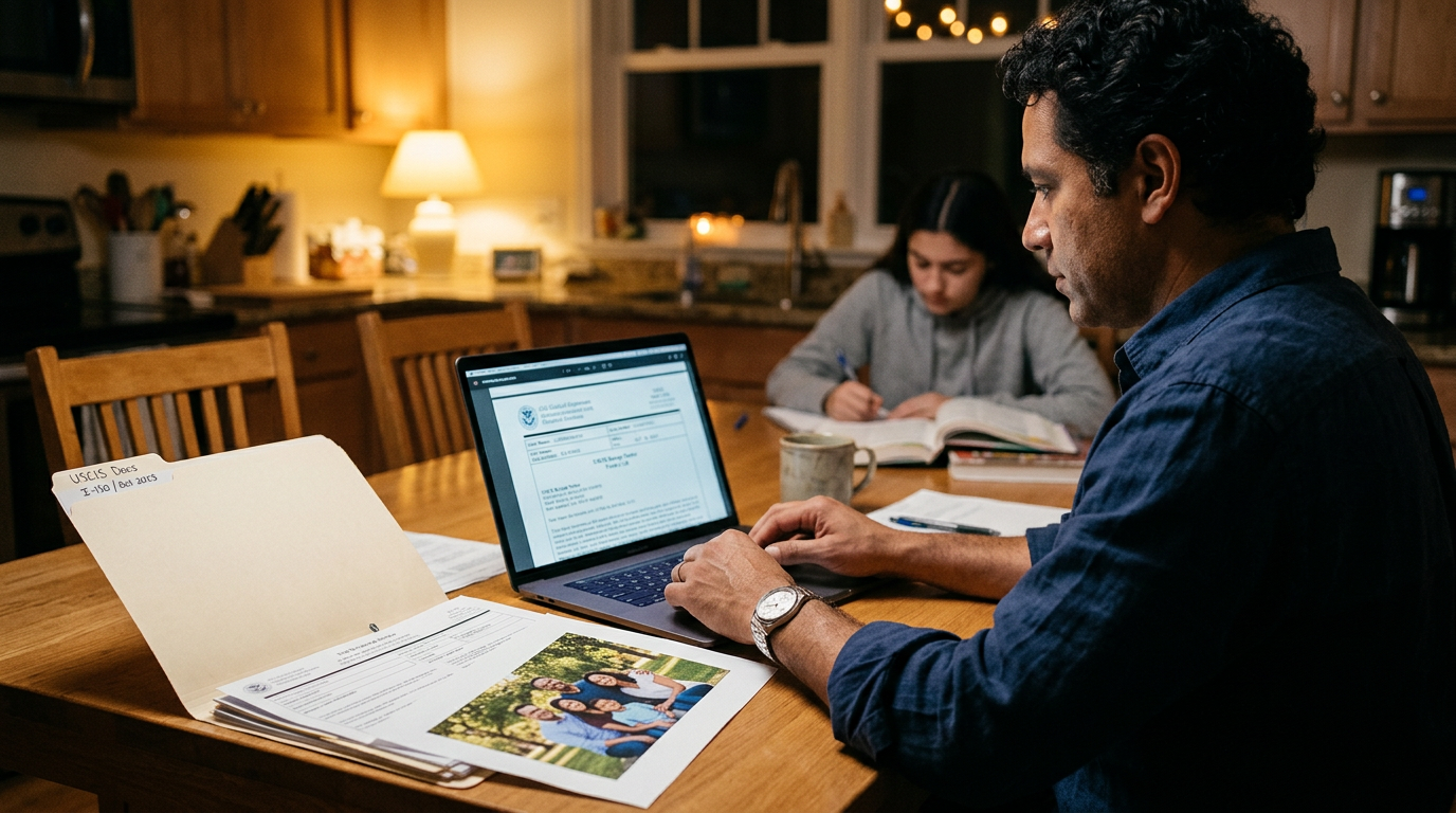 Parent reviewing green card petition documents at a kitchen table with a teenager in the background