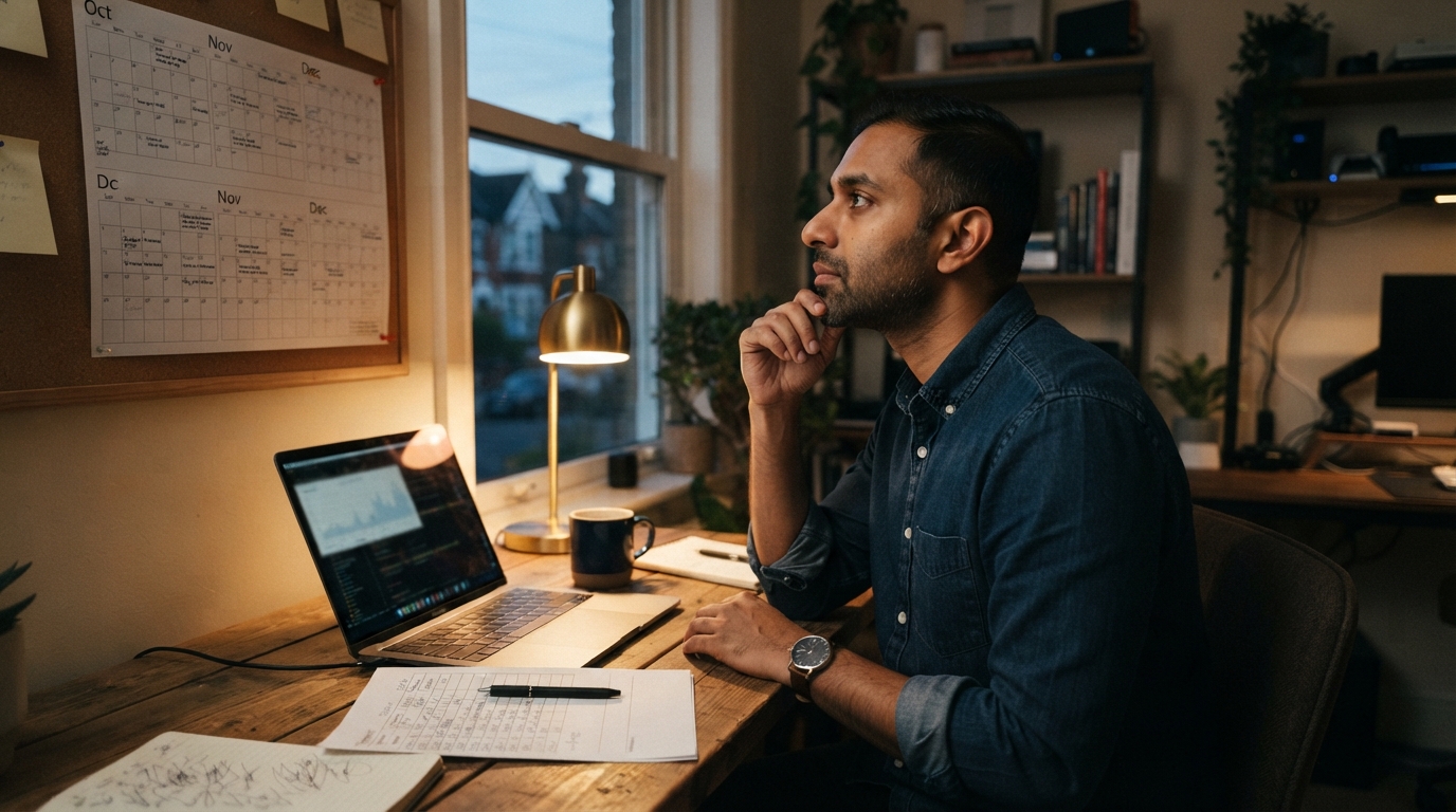 Contract consultant reviewing a Q4 calendar and timesheet at a home office desk